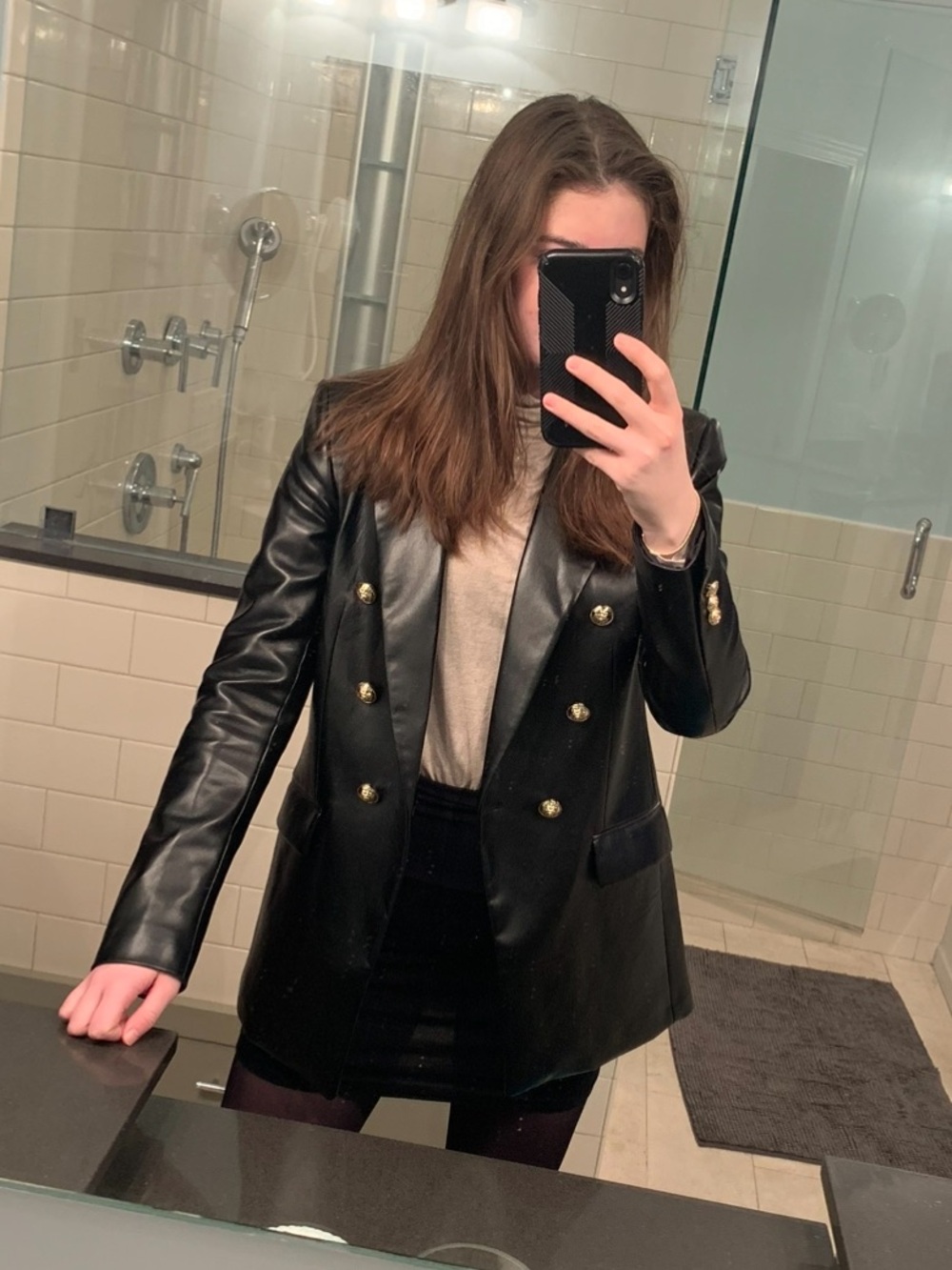 Zara Black Faux Leather Double-Breasted Blazer with Gold Buttons